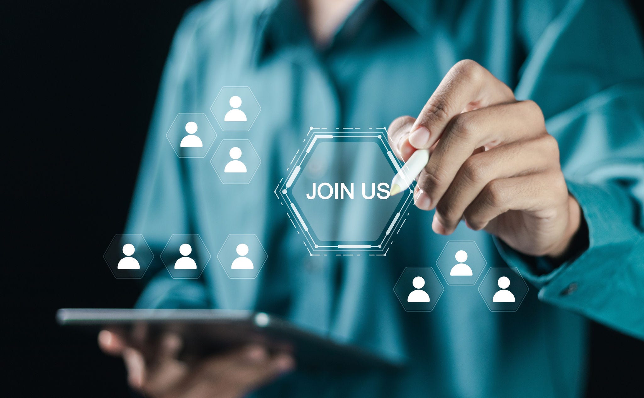 Human resources recruitment concept. Businessman touching to join us text on virtual screen. hiring opportunities, membership hiring and join us team recruitment